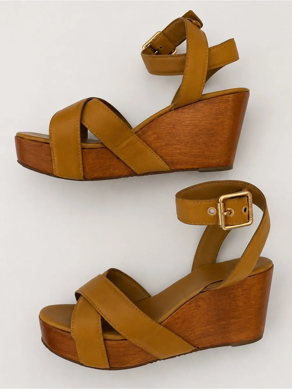 Tory Burch Almita Wood Platform Wedge Sandals Tan Leather Crisscross Sz 9 Resort